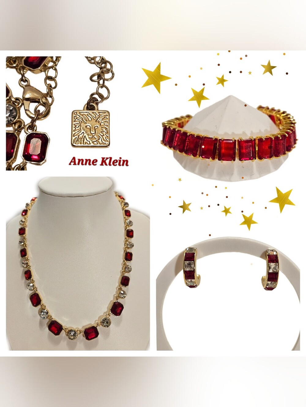 Anne Klein Gold Tone Red Acrylic Gemstone Necklace With Bracelet & Earrings